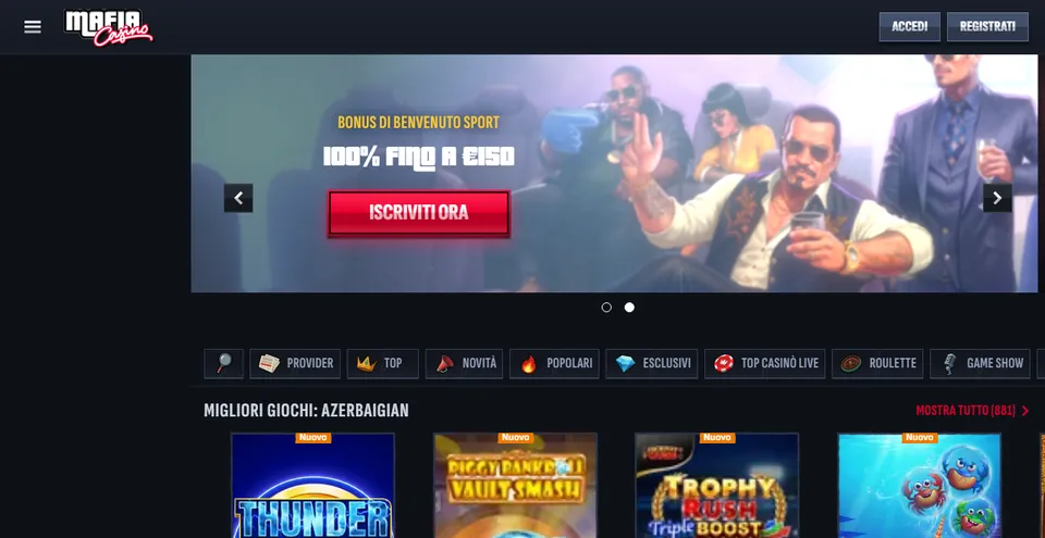 Homepage di Mafia Casino, casinò non AAMS con free spin